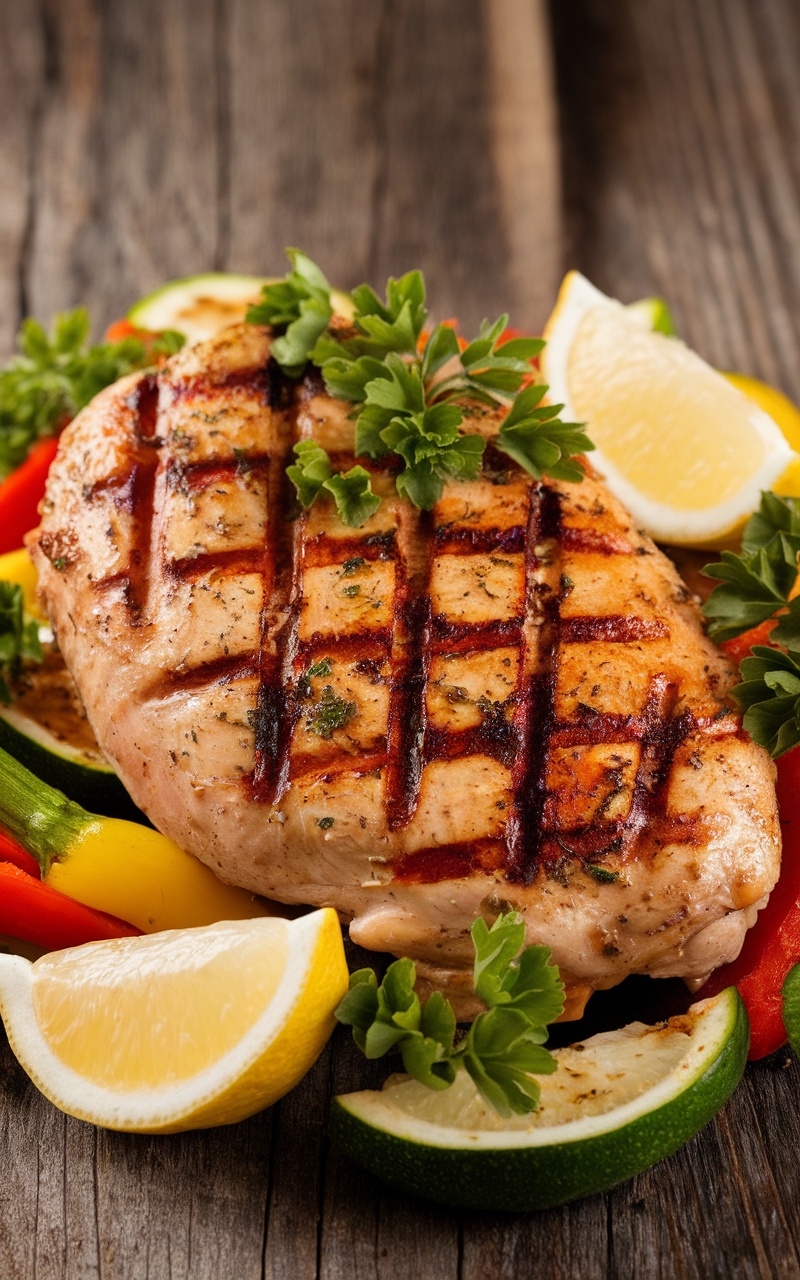Flavorful Mediterranean Keto Recipe: Grilled Lemon Herb Chicken Grilled chicken breast garnished with parsley and lemon, next to colorful vegetables, on a wooden table.